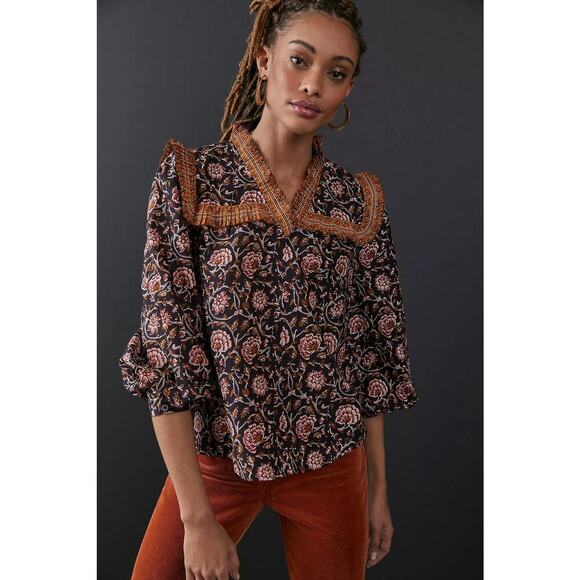 Anthropologie Othilia Sera Ruffled Blouse Black Floral Boho Fall Top Medium - Picture 8 of 8
